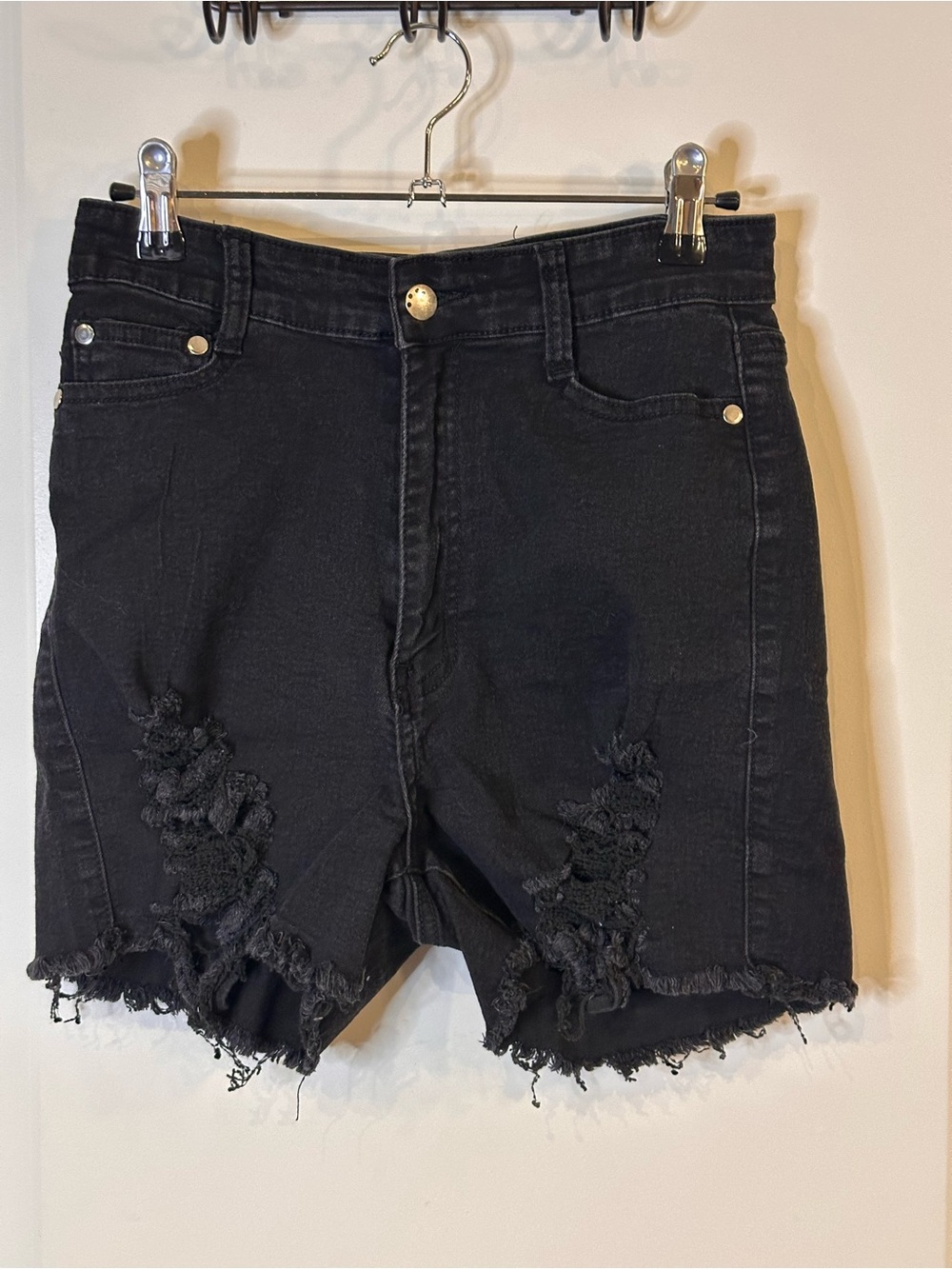 Fashion Nova Black Distressed High Rise Denim Shorts Raw Hem Size 11